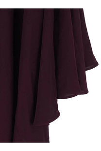 Alaïa women’s long asymmetrical viscose dress in deep burgundy with flowing chiffon skirt and subtle pleats