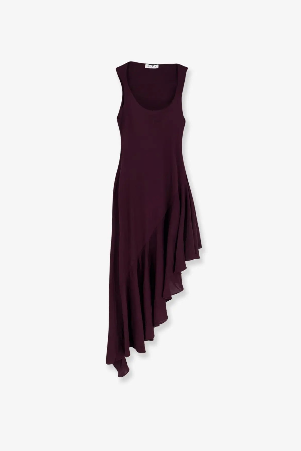 Alaïa women’s sleeveless long asymmetrical viscose dress in maroon with a flowing layered skirt and soft draped fabric