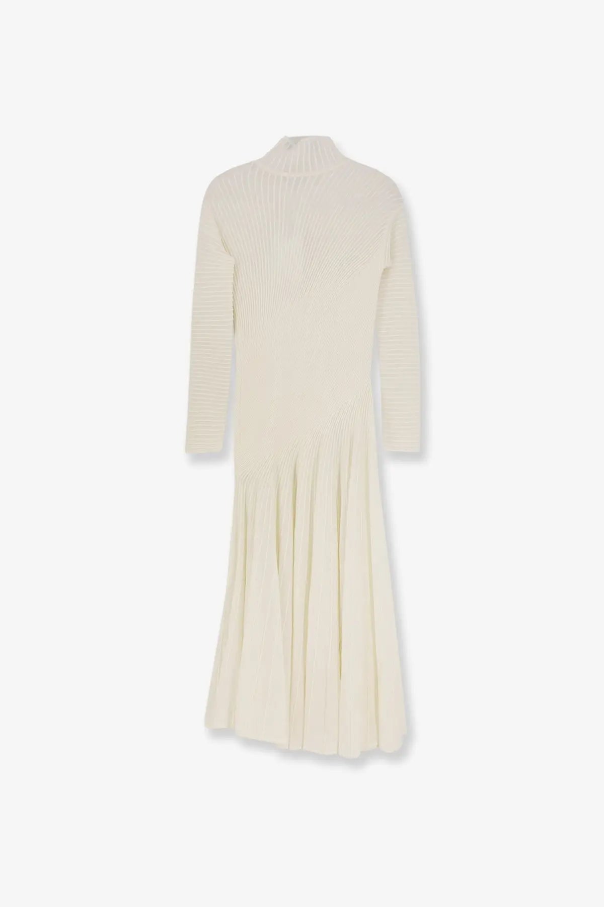 Alaïa women’s long wool dress white cream-colored ribbed knit midi with high neckline and flared skirt