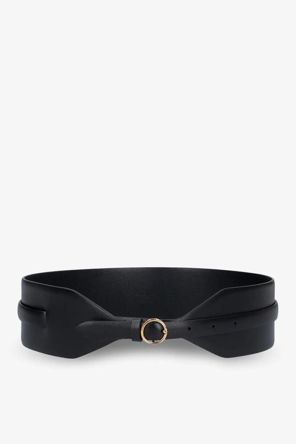 Alaïa women’s maxi leather belt black with gold-toned circular buckle and distinctive bow-like design at center