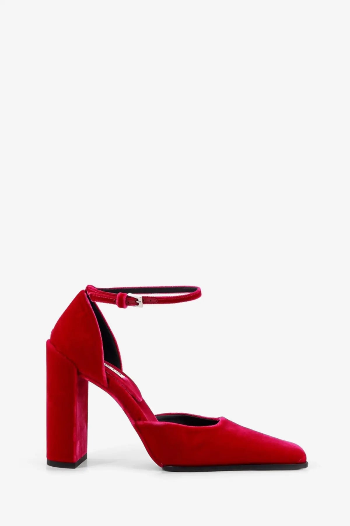 Alaïa women’s orsay velvet écolleté pink red velvet high-heeled pump with block heel and ankle strap