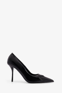 Alaïa women’s black patent leather pointed-toe pump with a slender stiletto heel and decolleté design