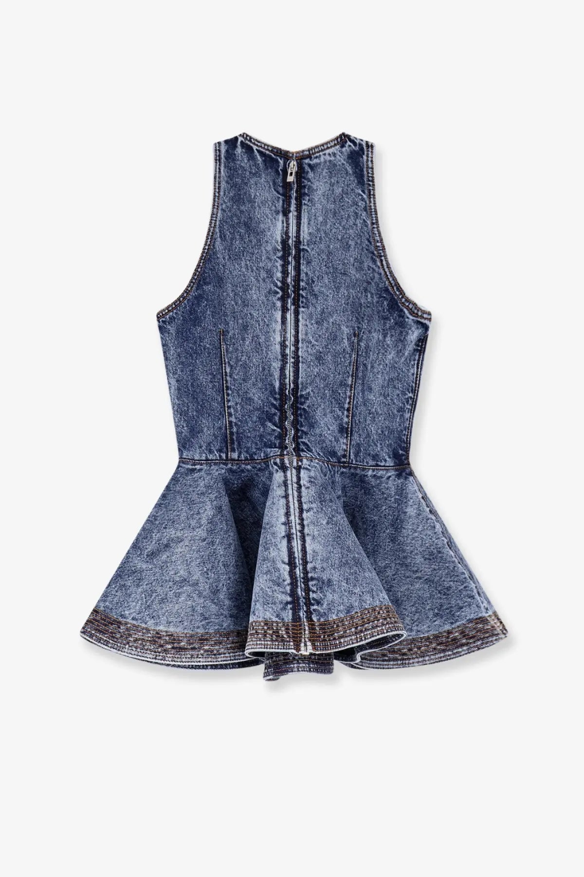 Alaïa women’s blue denim peplum top with central zipper and dark trim along the hem