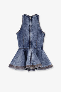 Alaïa women’s blue denim peplum top with central zipper and dark trim along the hem