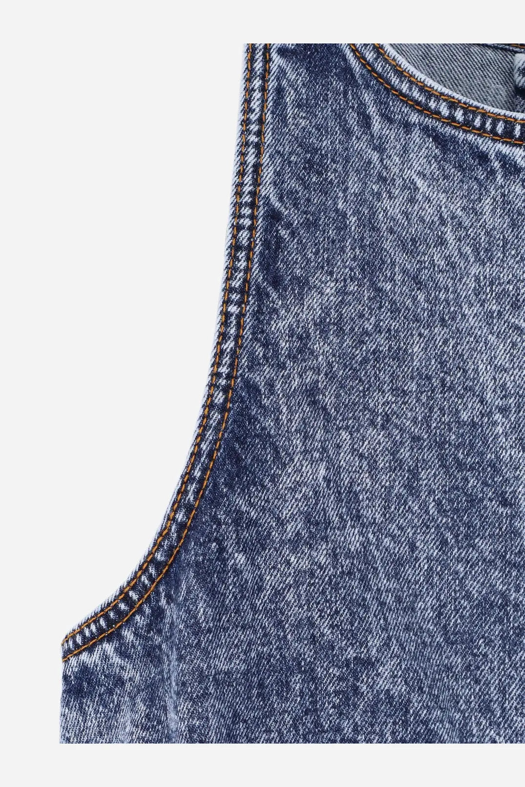 Alaïa women’s blue faded denim sleeveless peplum top with visible stitching along the shoulder seam