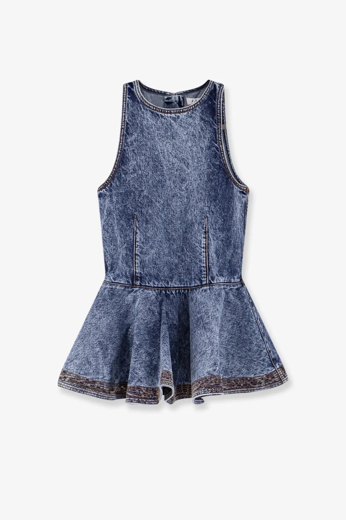 Alaïa women’s peplum denim top in faded blue with sleeveless design and contrasting dark stitching along seams