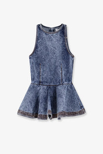 Alaïa women’s peplum denim top in faded blue with sleeveless design and contrasting dark stitching along seams