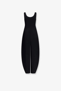 Alaïa women’s black sleeveless round virgin wool jumpsuit with wide-leg tapered pants and rounded neckline