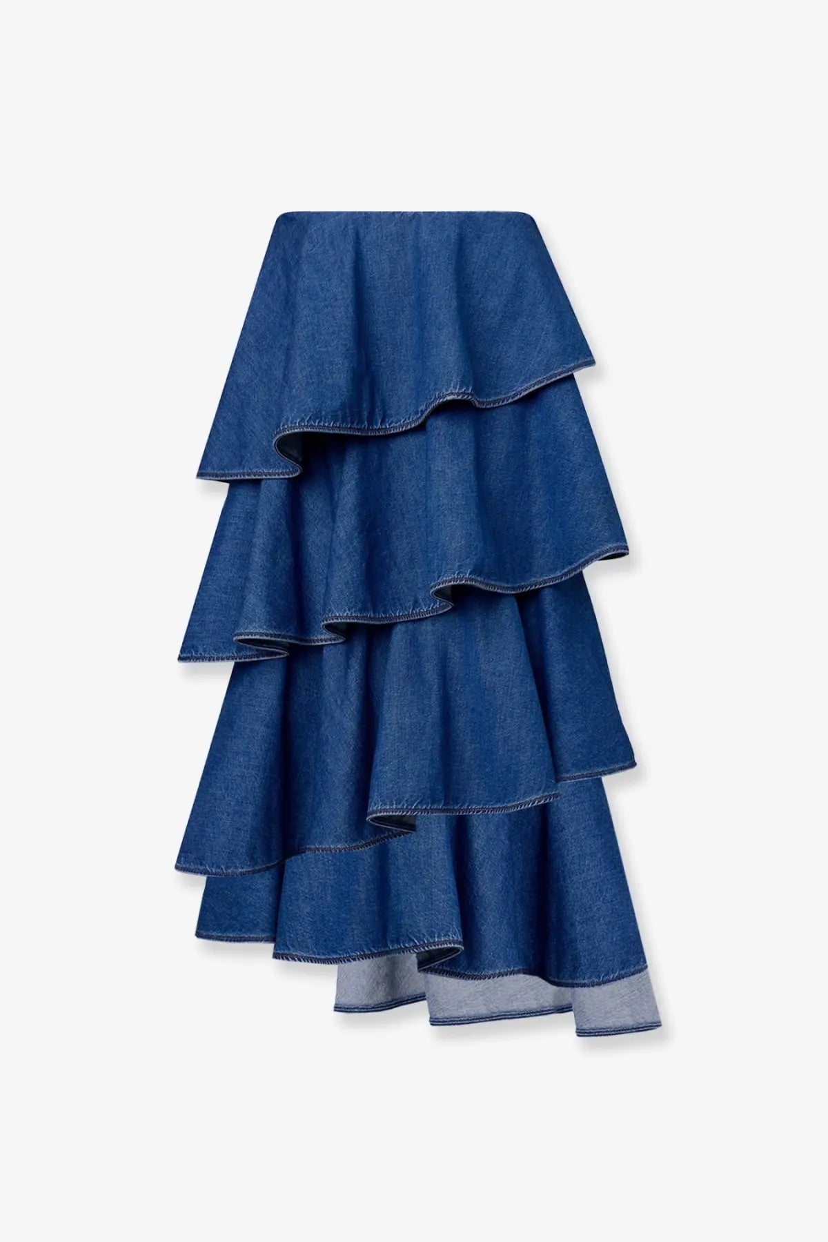 Alaïa women’s spiral denim skirt black featuring layered medium blue wash with ruffled tiers and gray hem