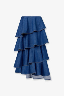Alaïa women’s spiral denim skirt black featuring layered medium blue wash with ruffled tiers and gray hem
