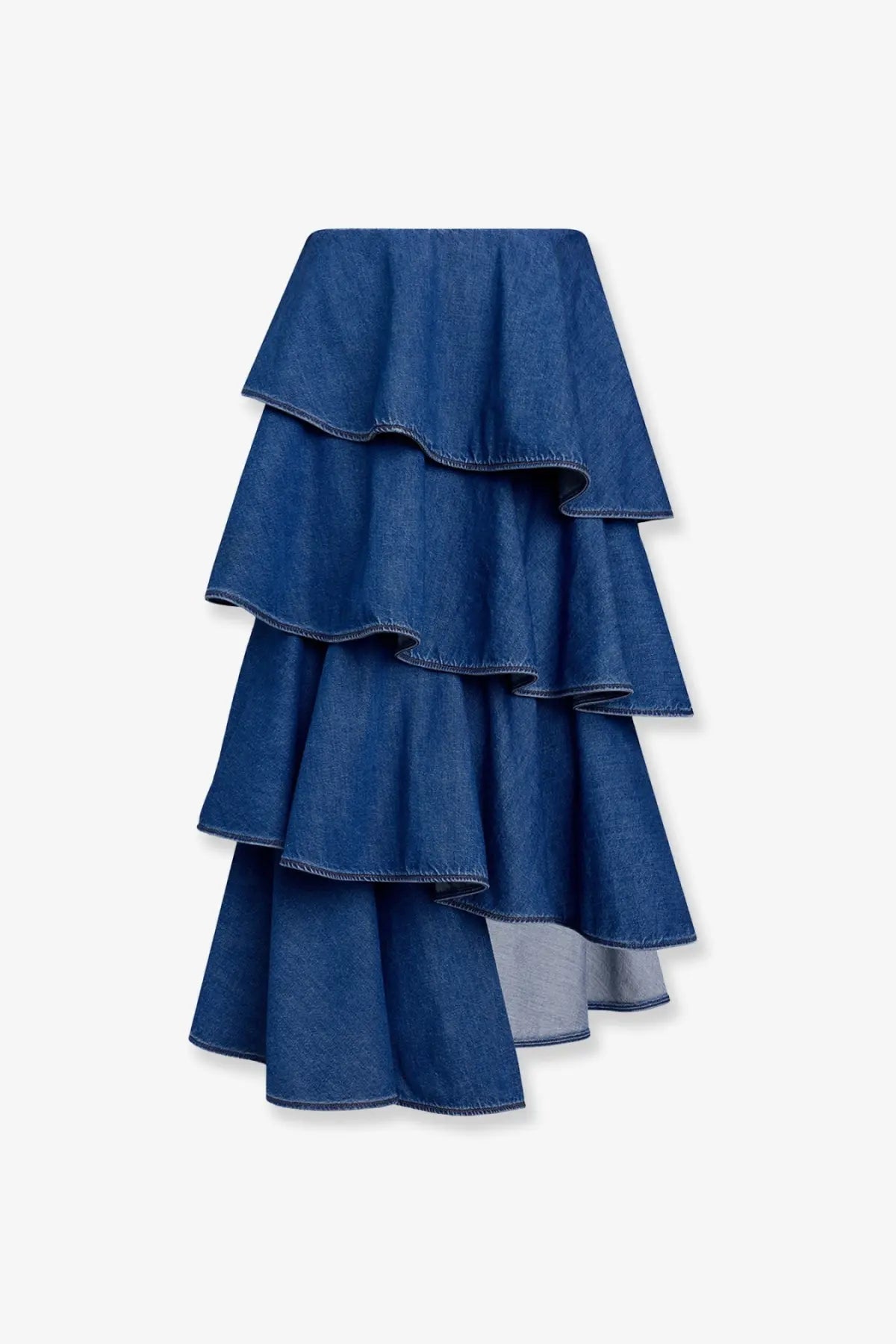 Alaïa women’s spiral denim skirt black featuring a layered medium blue wash with three cascading ruffle tiers and visible stitching
