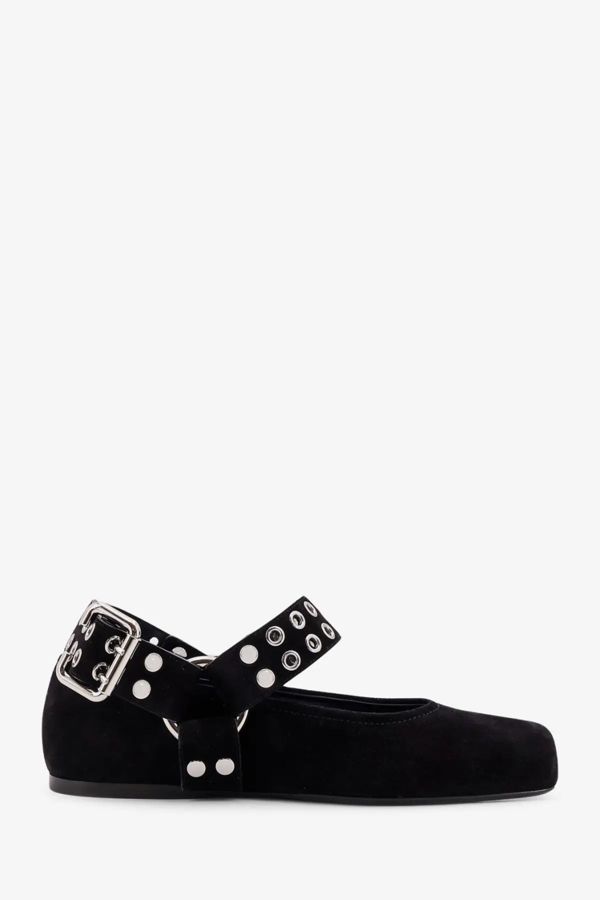 Alaïa women’s black suede mary jane flat shoe with silver buckle and circular stud detailing