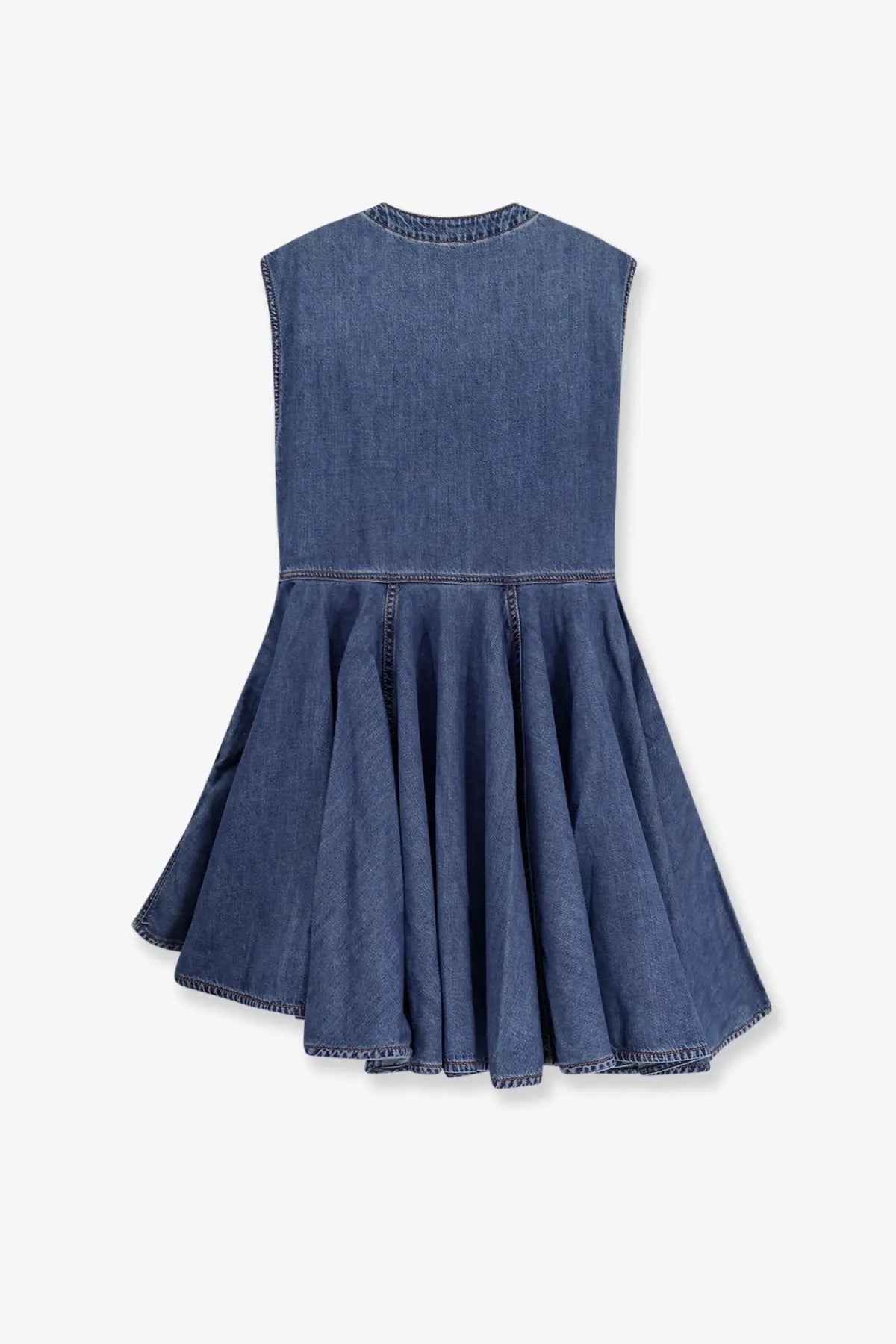 Alaïa women’s sleeveless wrap denim dress in black with fitted bodice and flared skirt in classic blue wash fabric