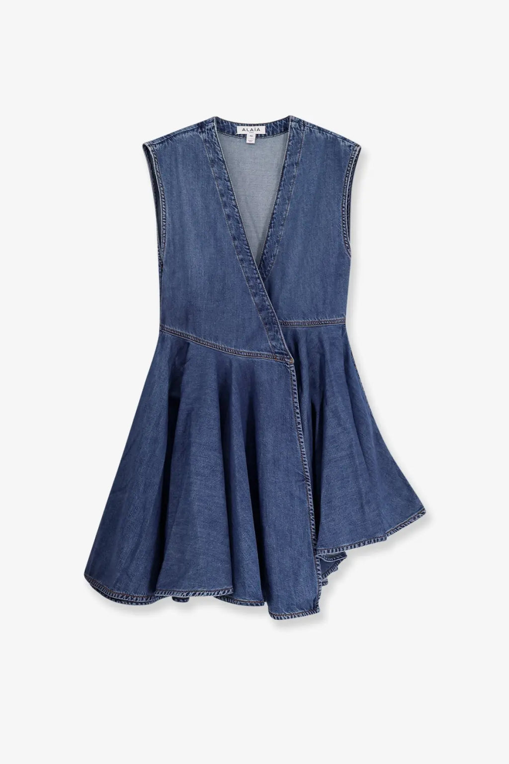 Alaïa women’s sleeveless wrap denim dress with v-neckline and flared skirt in classic blue wash finish