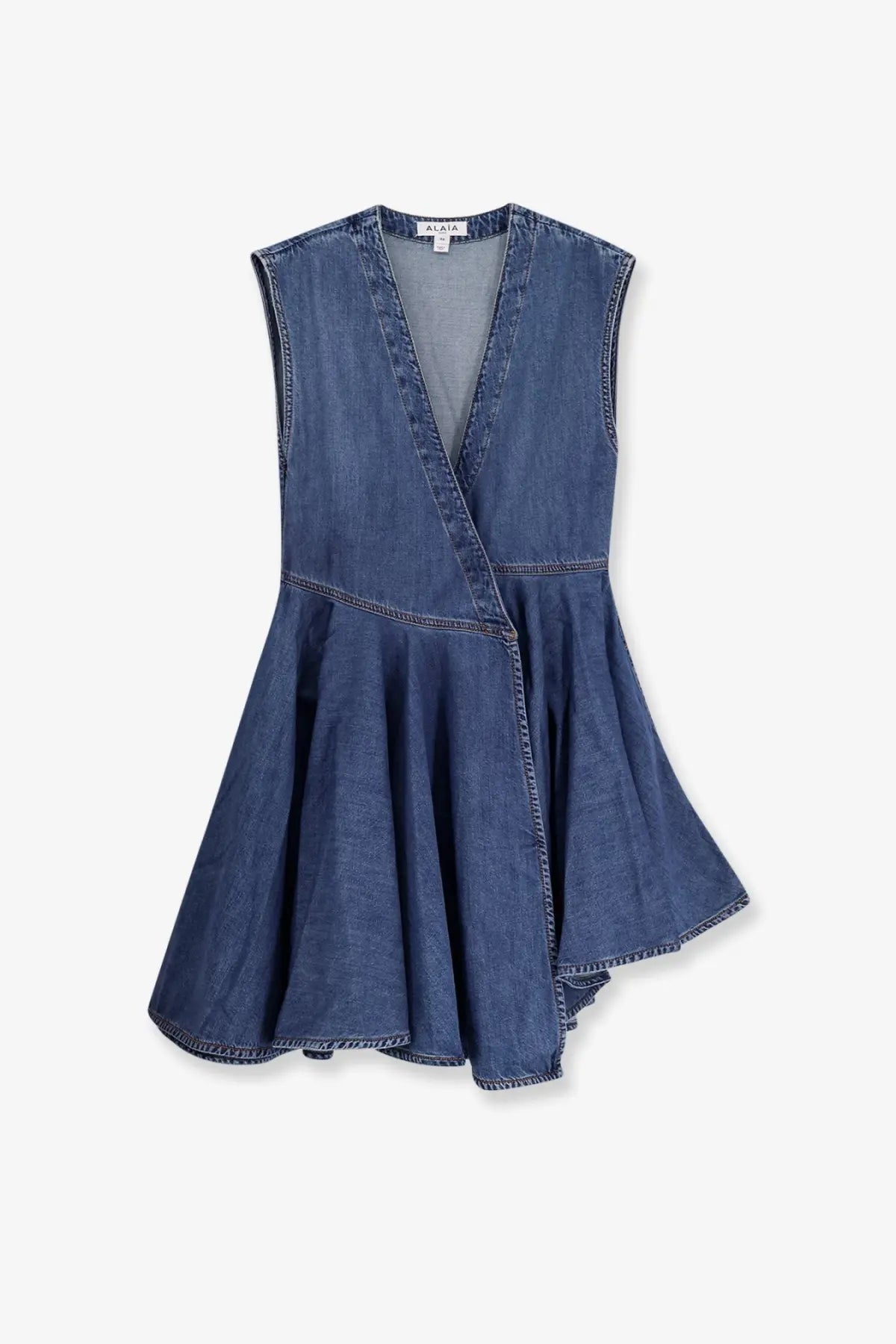 Alaïa women’s sleeveless wrap denim dress with v-neckline and flared skirt in classic blue wash finish