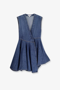 Alaïa women’s sleeveless wrap denim dress with v-neckline and flared skirt in classic blue wash finish