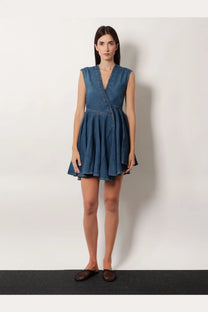 Alaïa women’s sleeveless black wrap denim dress with v neck and flared skirt perfect for casual wear