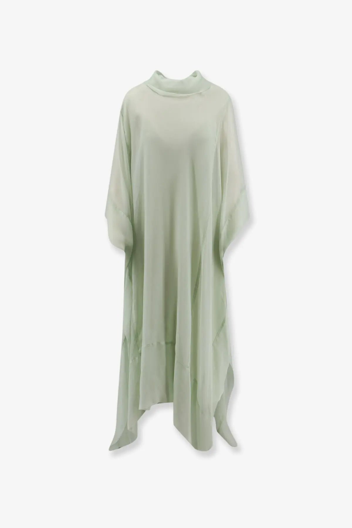 Alberta Ferretti women’s chiffon dress green with pale green silk fabric high neckline and asymmetrical hemline