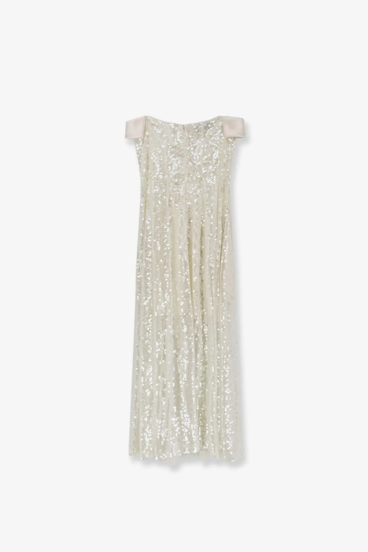 Alberta Ferretti women’s white maxi dress with shimmering off-white sequins delicate shoulder straps and pleated skirt