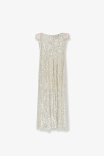 Alberta Ferretti women’s off-white sequined maxi dress with delicate shoulder straps and flowing pleated skirt