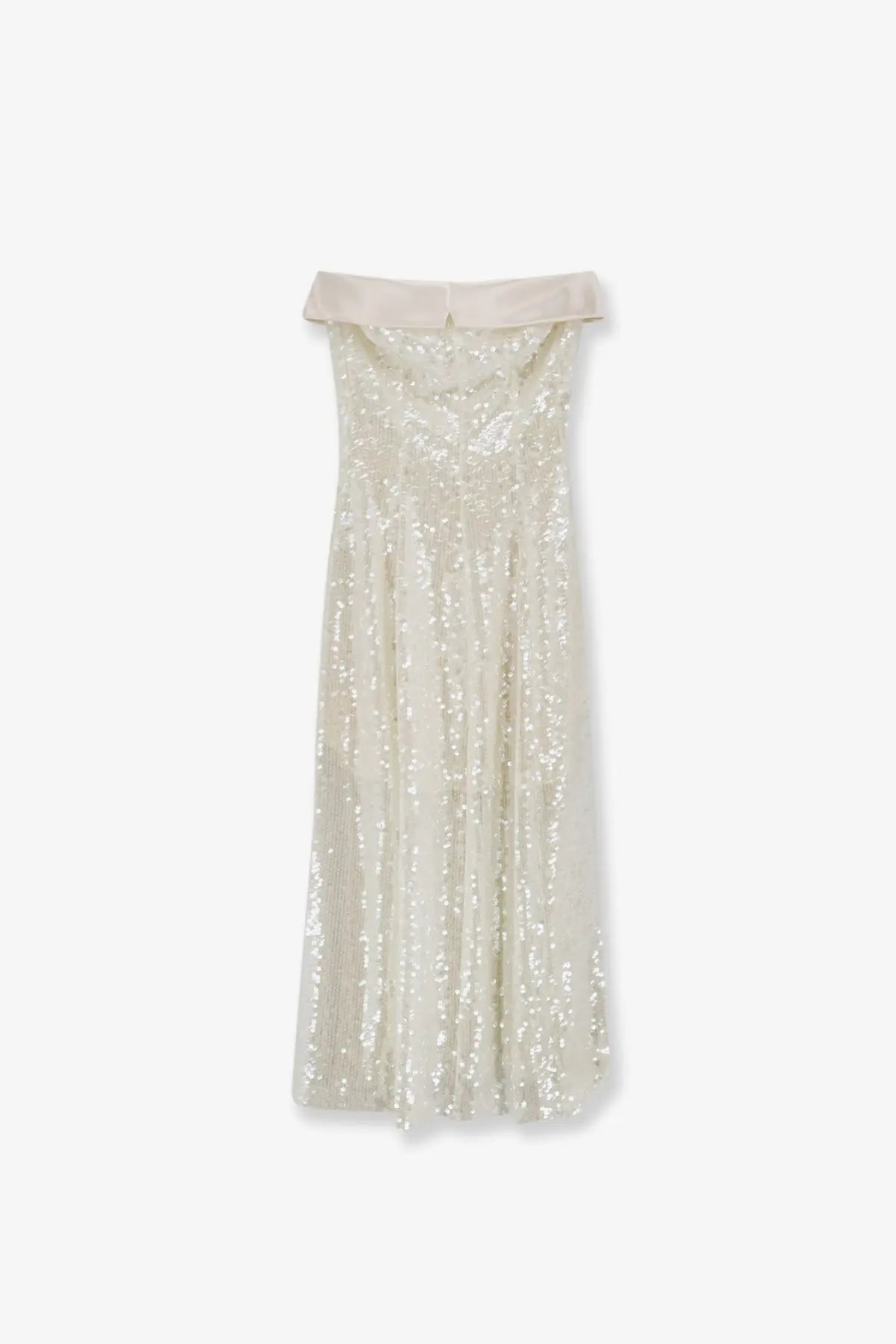 Alberta Ferretti women’s off-white sequined maxi dress with soft satin collar and pleated skirt