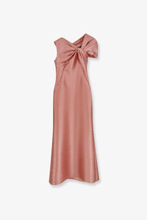 Alberta Ferretti women’s mikado long dress in blue with a sleek rose gold satin one-shoulder knot gown detail