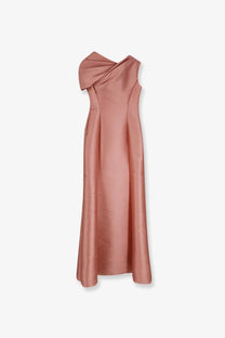 Alberta Ferretti women’s mikado long dress blue with a sleek rose-gold satin draped one-shoulder design