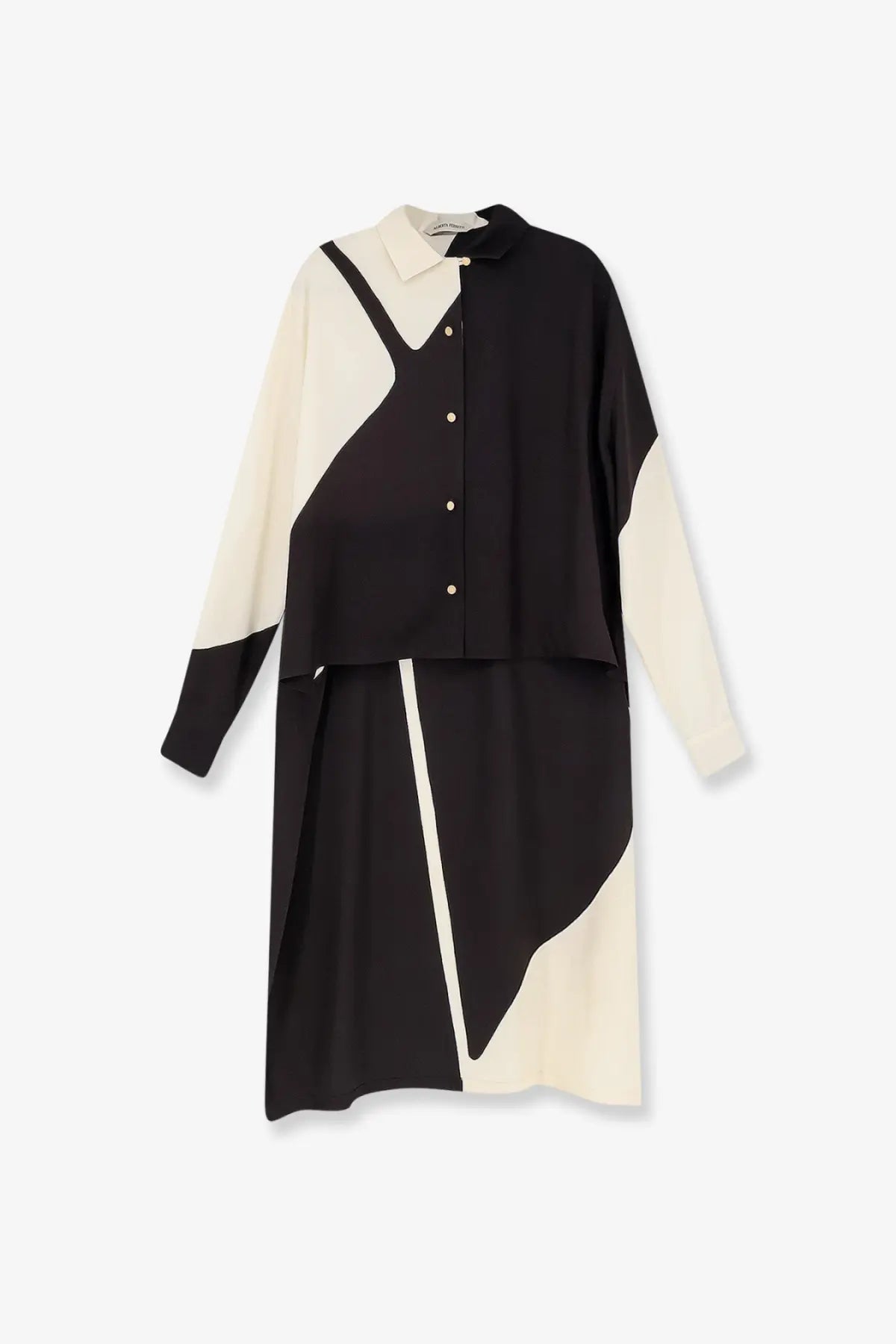 Alberta Ferretti women’s black and cream asymmetrical viscose blouse dress with collar and button front closure