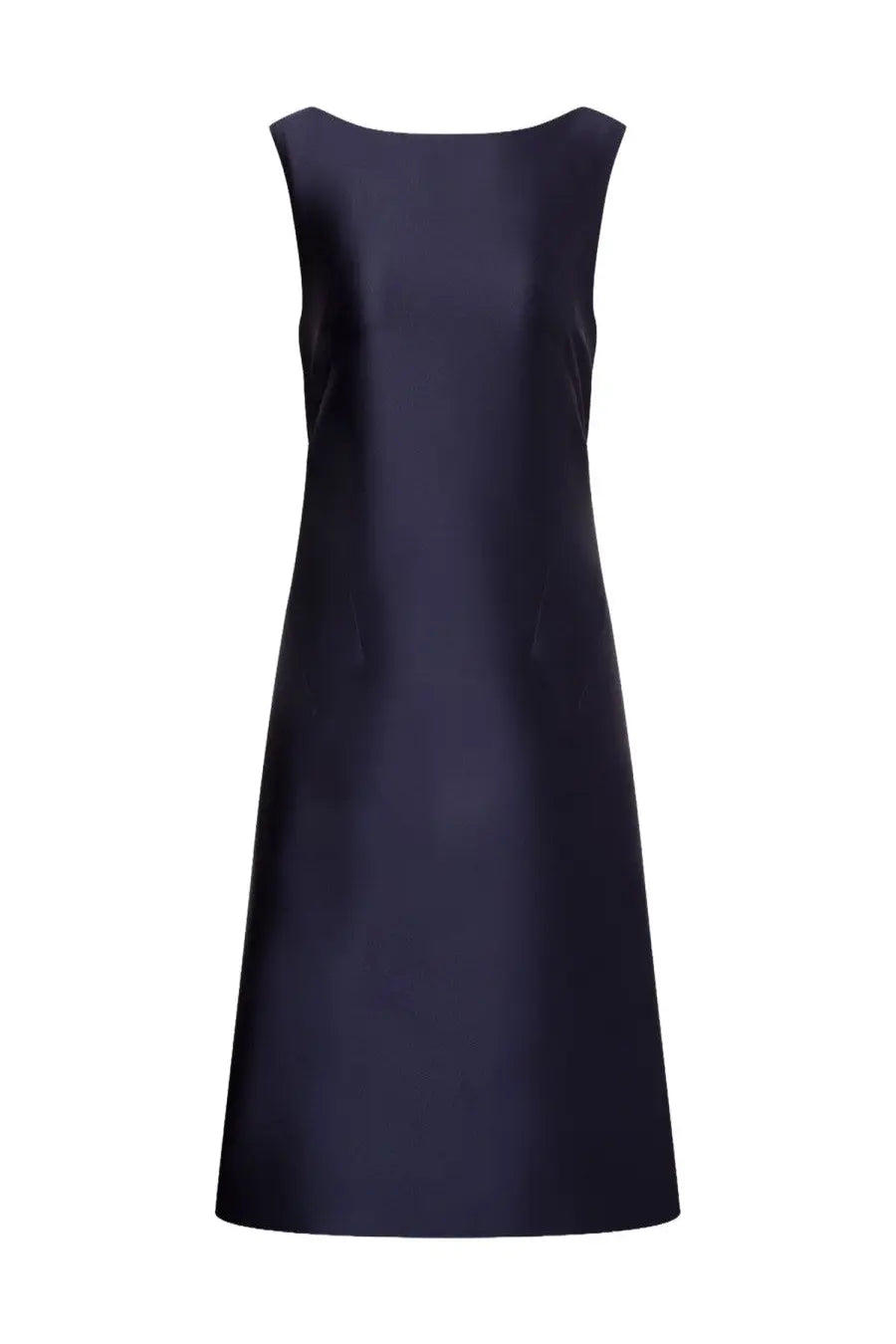 A sleek navy blue sleeveless Alberta Ferretti midi dress with a smooth satin finish and an elegant simple cut