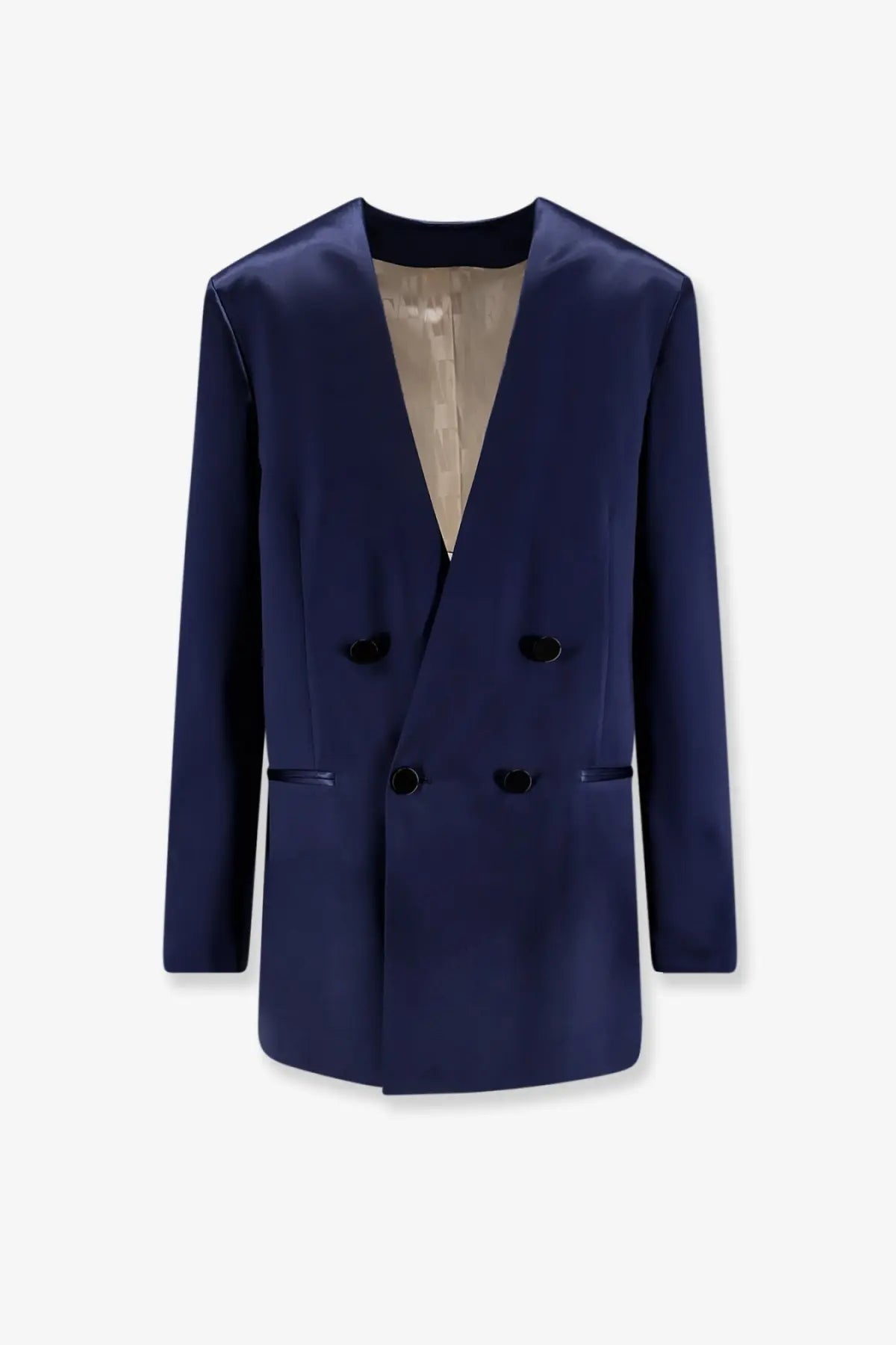 Alberta Ferretti women’s navy blue double-breasted satin blazer with black buttons and satin-lined interior