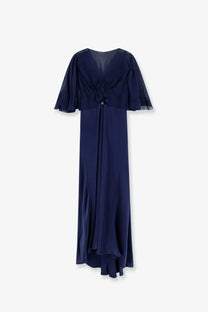 Alberta Ferretti women’s navy blue satin long dress with sheer ruffled short sleeves and a v-neckline