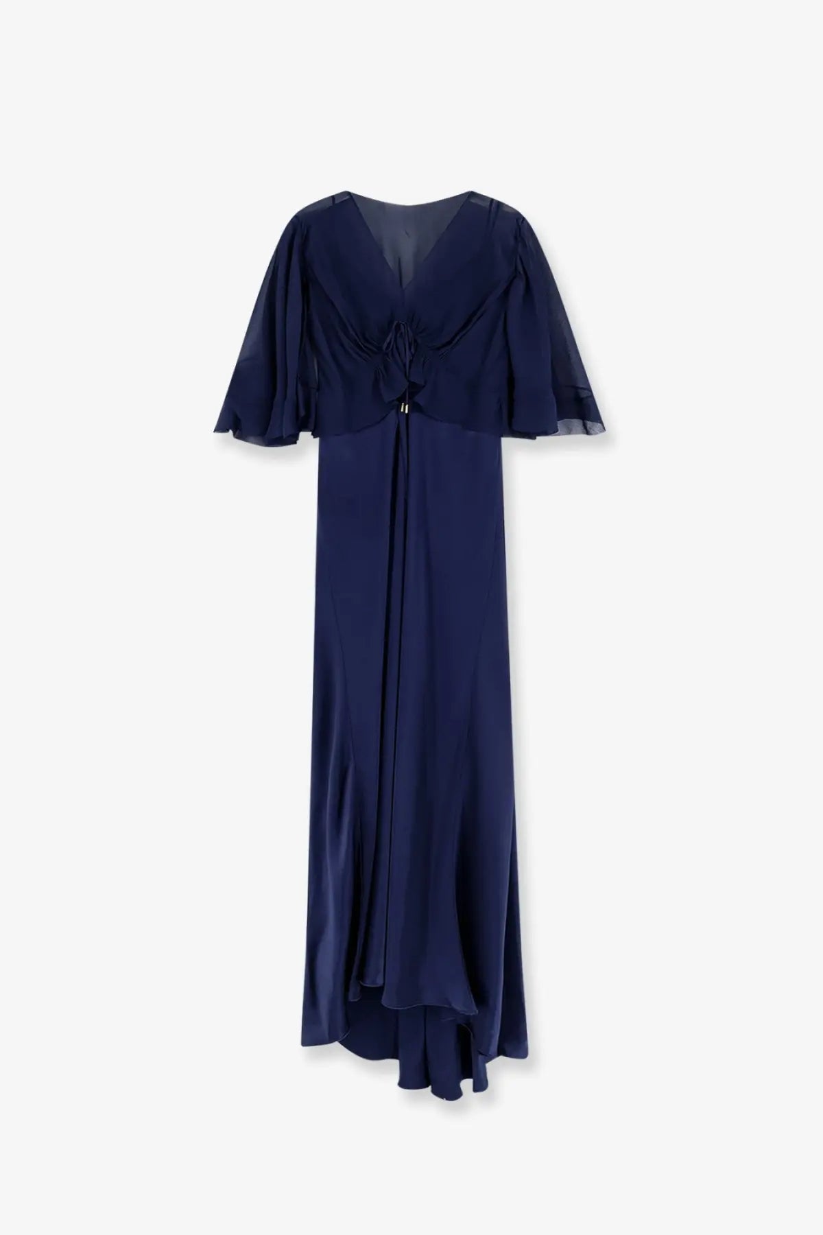 Alberta Ferretti women’s navy blue satin long dress with sheer ruffled short sleeves and v-neckline