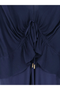 Back view of Alberta Ferretti women’s navy blue satin long dress with ruched detail and gold-tone drawstring aglets