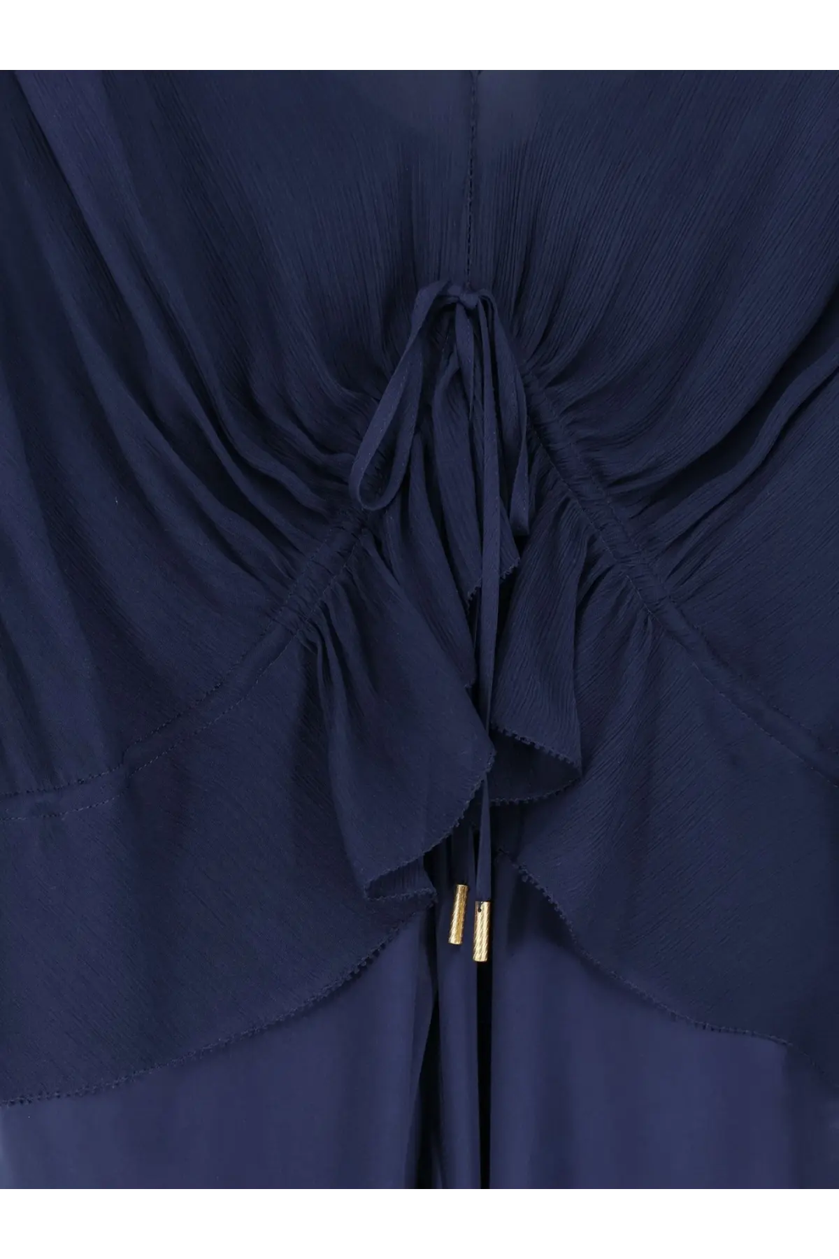 Navy blue satin long dress by alberta ferretti with ruched design and drawstring tie with gold-tone metal aglets back view