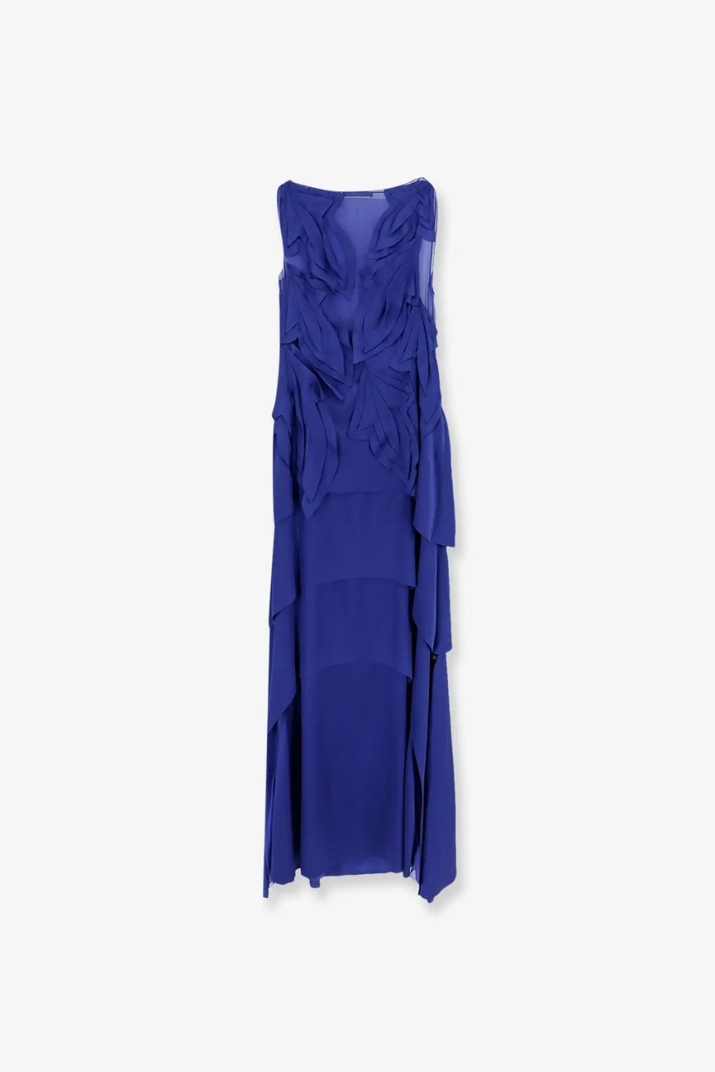 Alberta Ferretti women’s royal blue satin sleeveless gown with layered ruffled fabric cascading down front and sides