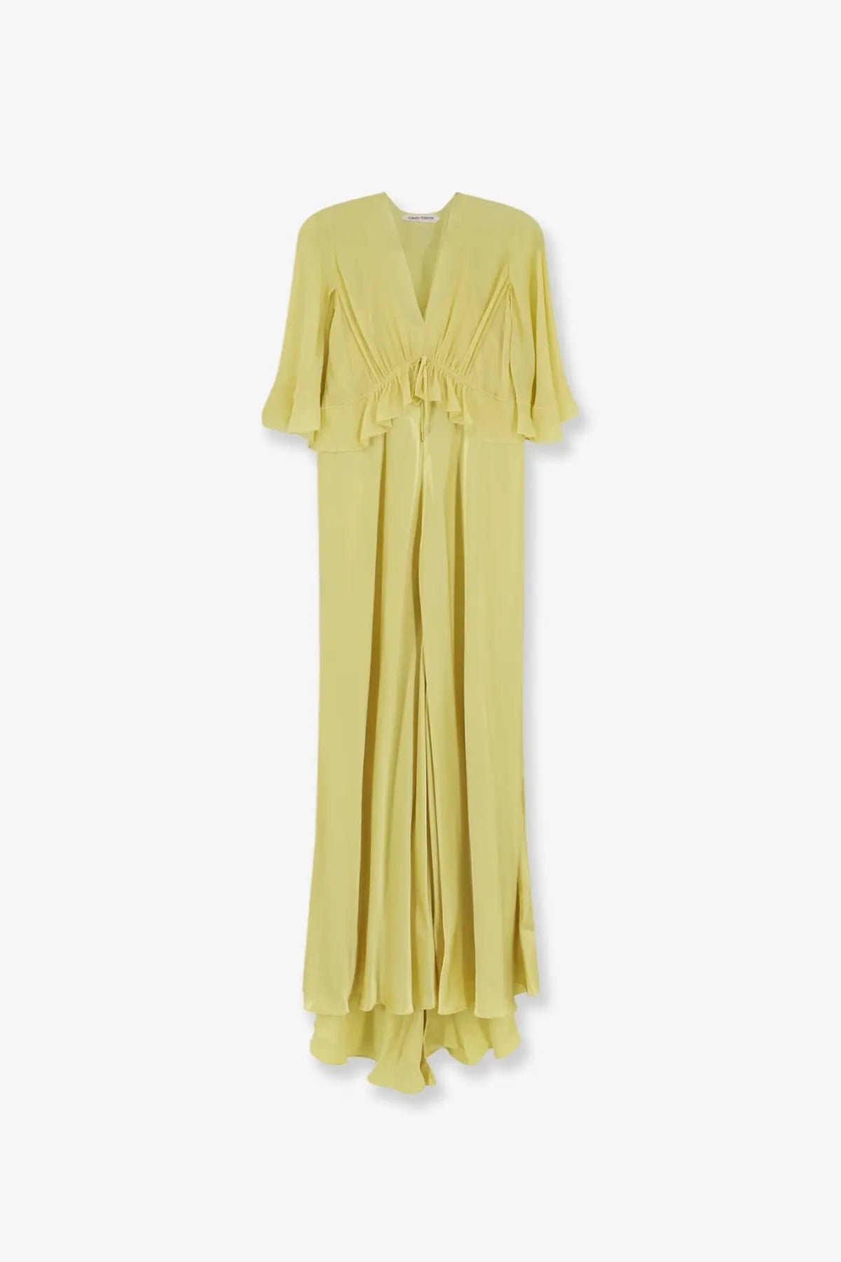 Alberta Ferretti women’s pale yellow satin maxi dress with v-neckline and ruched waist detailing