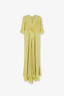 Alberta Ferretti women’s pale yellow satin maxi dress with v-neckline and ruched waist detailing