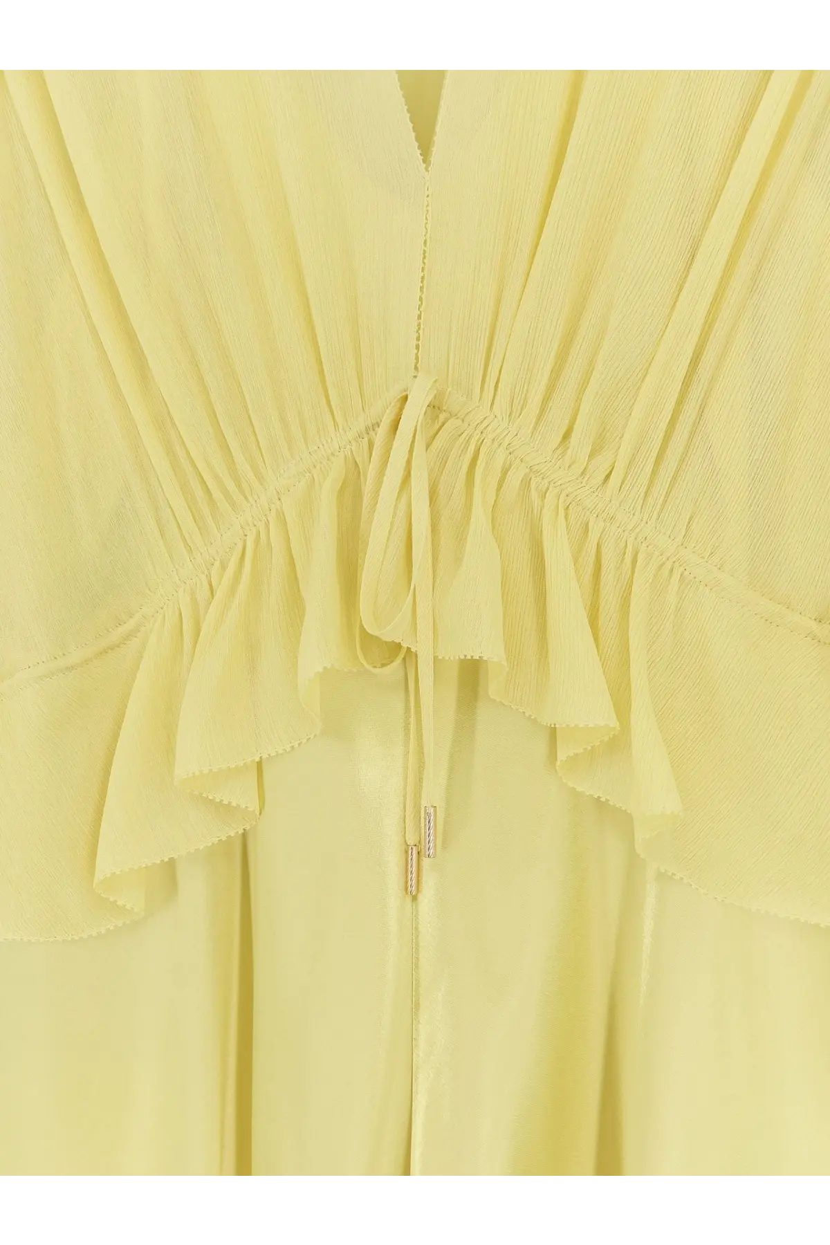 Alberta Ferretti women’s satin long dress in pale yellow with ruffled hem and drawstring waist detail