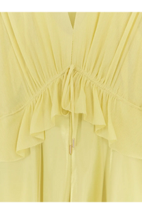 Alberta Ferretti women’s satin long dress in pale yellow with ruffled hem and drawstring waist detail