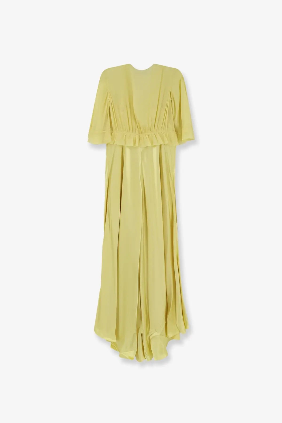 Alberta Ferretti women’s satin long dress in pale yellow with short flutter sleeves and a ruffled waistband