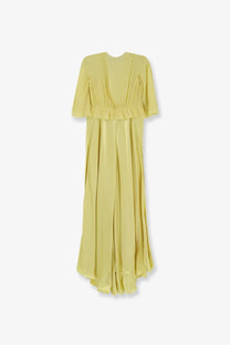 Alberta Ferretti women’s satin long dress in pale yellow with short flutter sleeves and a ruffled waistband