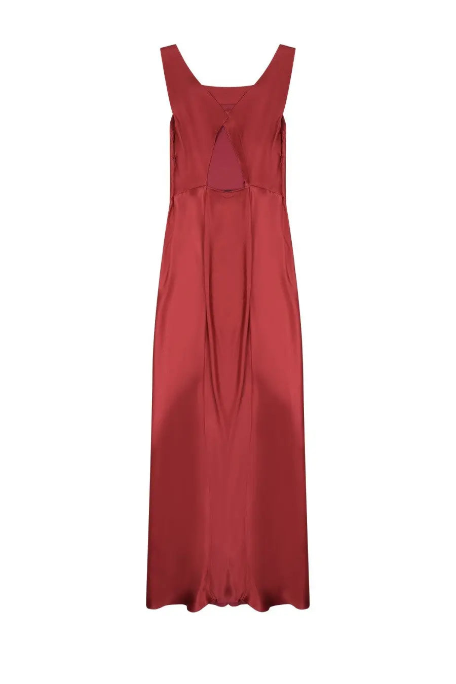 Alberta Ferretti women’s rust-red satin maxi dress with square neckline and subtle back cutout side view