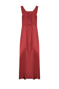 Alberta Ferretti women’s rust-red satin maxi dress with square neckline and subtle back cutout side view
