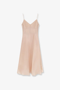 Alberta Ferretti women’s silk dress in soft blush beige with delicate spaghetti straps and a flattering v-neckline