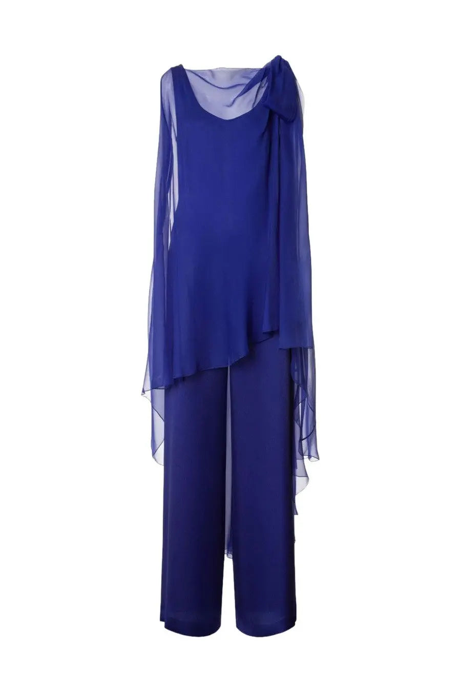 Alberta Ferretti women’s royal blue silk two-piece outfit with sheer draped top and wide-leg trousers