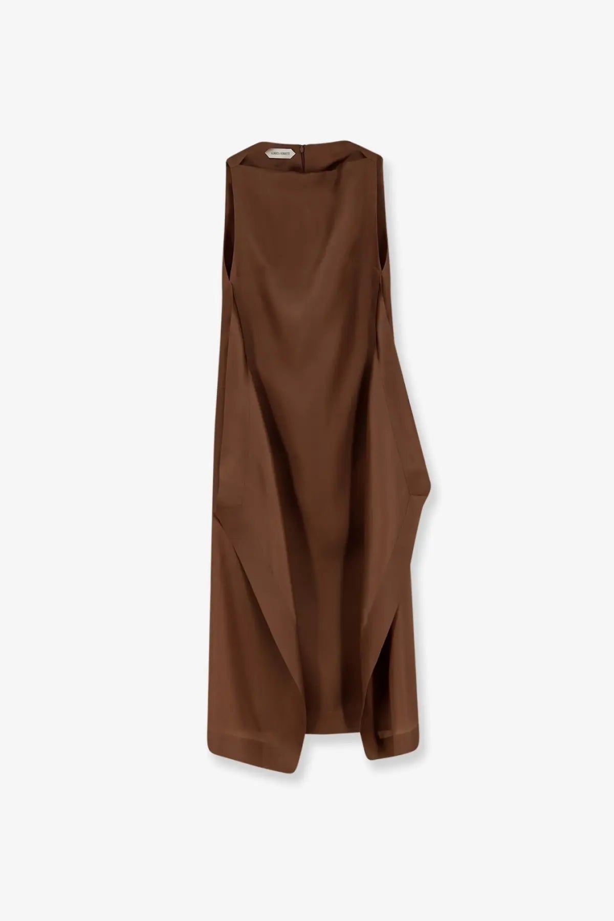 Alberta Ferretti women’s sleeveless brown silk long dress with flowing silhouette and asymmetrical hemline