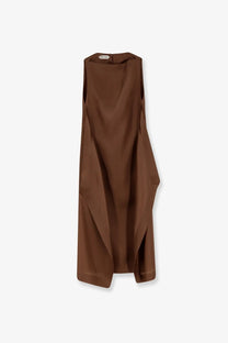Alberta Ferretti women’s sleeveless brown silk long dress with flowing silhouette and asymmetrical hemline