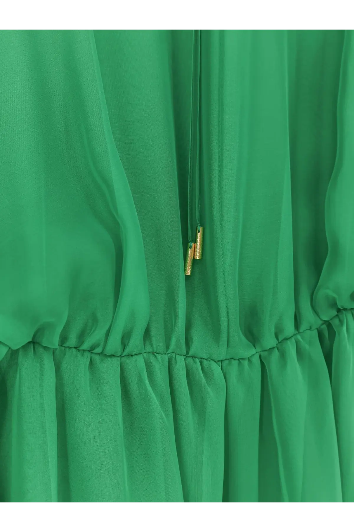 Alberta Ferretti women’s emerald green silk long dress with chiffon fabric and gold-toned drawstring waist closure
