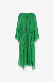 Alberta Ferretti women’s silk long dress in flowing emerald green chiffon with wide sheer sleeves and a cinched waist