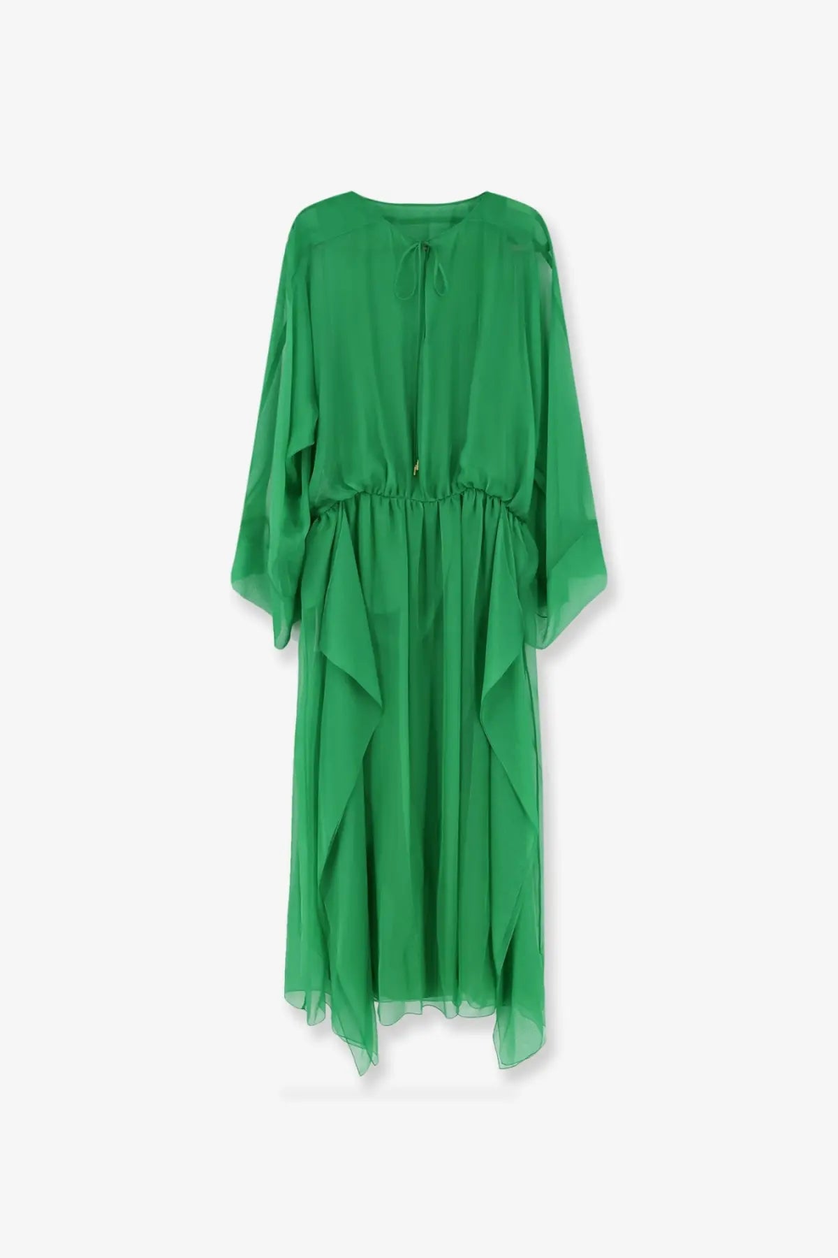 Alberta Ferretti women’s silk long dress in green chiffon with wide sheer sleeves and a cinched waist